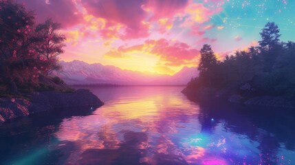 Spectacular Lake with Vibrant Sunset Glow