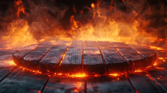 empty podium stage on the wooden table with flames background