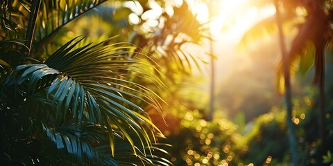 Sunbeams filter through vibrant green palm leaves

