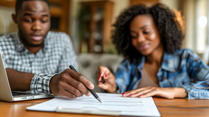 Focused young couple sitting at a table, carefully reviewing and signing financial documents, with a laptop nearby.
