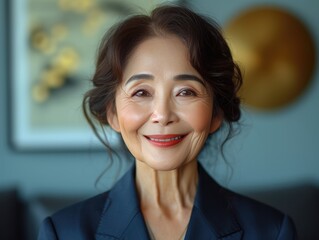 Obraz premium Portrait of middle aged smiling Asian businessman with suit in professional studio background