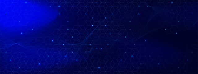Abstract glowing blue hexagons with connecting dots and lines and wave flow. Geometric hexagons pattern for technology and science concept background.