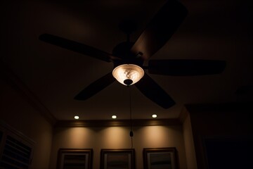 ceiling fan spinning with lights on in a dark room