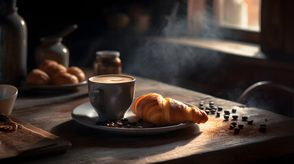 A steaming cup of coffee on a rustic wooden table surround - obrazy, fototapety, plakaty