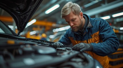 Car mechanician repairing car in auto repair shop