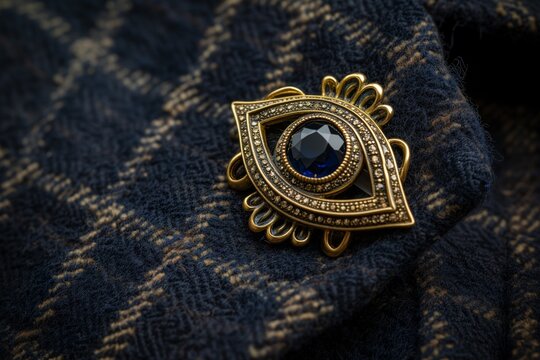 macro shot of sapphire eye in a brooch on coat