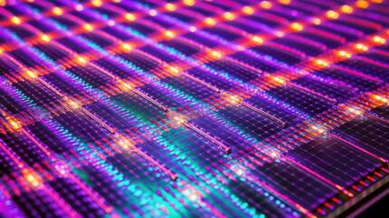 Detailed diagonal view of a square texture activated multi color micro panel LED panel display created with Generative AI Technology