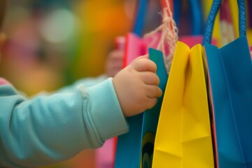 childs hand clutched around toy store bags, small fingers