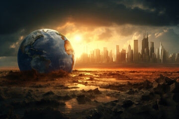 Climate change crisis concept. Global warming illustration. Earth globe with city and environment. - obrazy, fototapety, plakaty