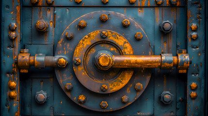 Close-up of a vintage safe door with a large central handle and rusted bolts.
 - obrazy, fototapety, plakaty