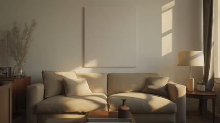 The living room has a small white canvas hanging on. Generative AI