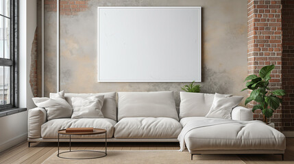 The living room has a small white canvas hanging on. Generative AI