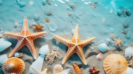Fototapeta na wymiar top view of colorful collection of Starfish and sea shells scattered on the sand of summer waters with beautiful waves created with Generative AI Technology