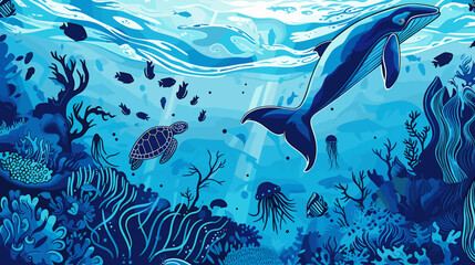 Various marine life forms such as fish, a turtle, a whale, and a jellyfish, all set against a deep blue background.