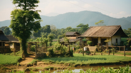 Wide landscape Local Thai villages have traditional country village houses with a green rural atmosphere, rice fields and coconut trees on a sunny clear day