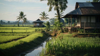 Fototapeta na wymiar Landscape Local Thai villages have traditional country village houses with a green rural atmosphere, rice fields and coconut trees on a sunny clear day created with Generative AI Technology
