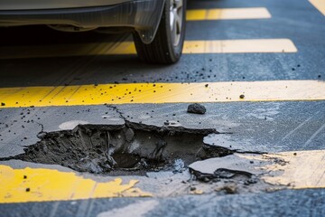 pothole in urban asphalt with yellow lines, car wheel near - obrazy, fototapety, plakaty