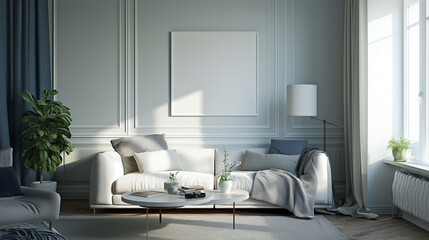 Fototapeta na wymiar The living room has a small white model canvas hanging. Generative AI