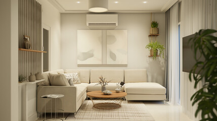 Fototapeta na wymiar The living room has a small white model canvas hanging. Generative AI