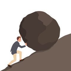 Young businessman pushing a big boulder to the top. Flat vector illustration isolated on white background © lioputra