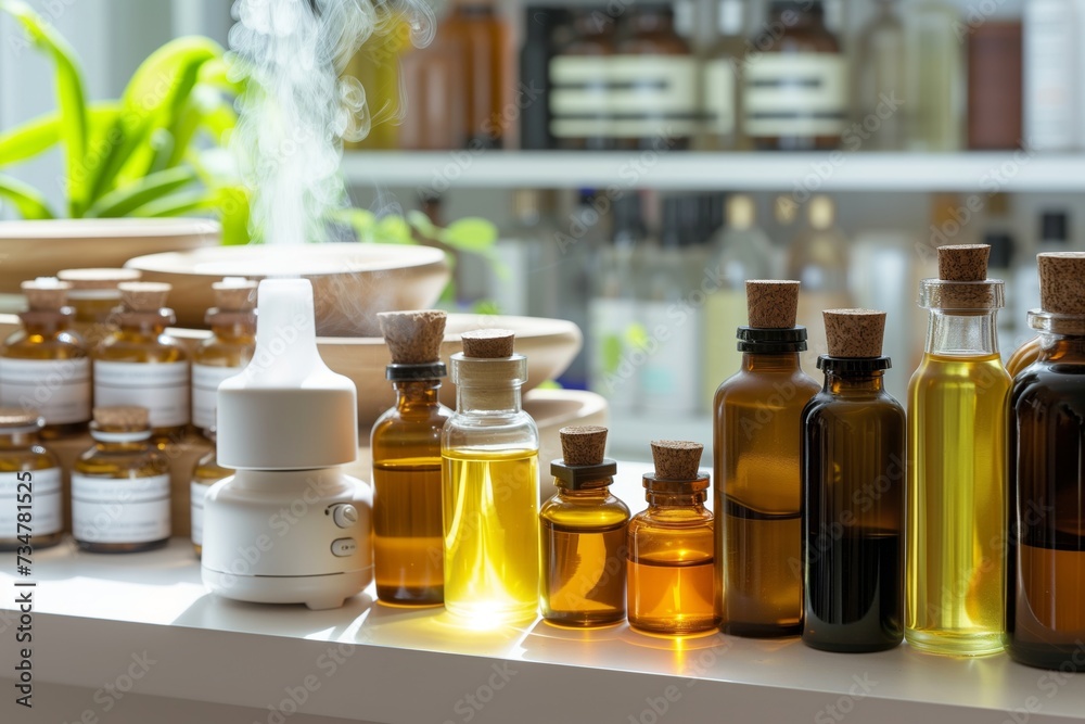 Sticker shelf of assorted natural oil bottles with a diffuser emitting steam in room