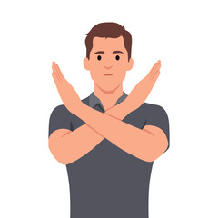 Angry man standing with the crossed arms, no sign. Refuse gesture, negative expression. Flat vector illustration isolated on white background
