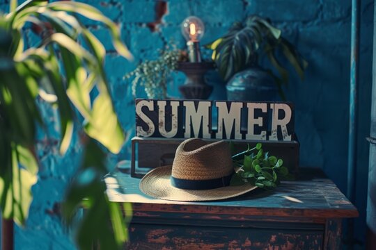 Summer vibe: beautiful image of a straw hat, chalkboard sign and white flowers on a rustic blue wooden background