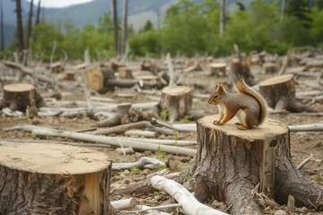 stumps in a cleared forest area with a lone squirrel