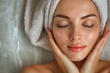Close-up portrait of female beauty model showing off facial and skin care results.
