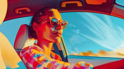 the essence of freedom and elegance of a woman setting off on a journey in her stylish convertible. Bright colors of the sky. The wind blowing through her hair, the feeling of movement and speed