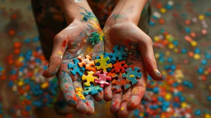 hands holding colorful puzzle pieces symbolizing connection and teamwork and cooperation. - obrazy, fototapety, plakaty