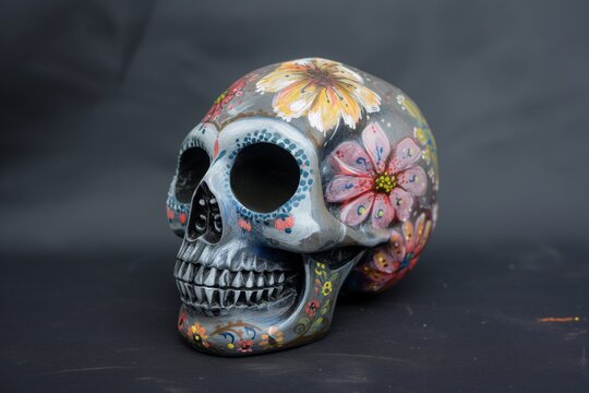 painted skull with flowerfilled eye sockets, on a dark background
