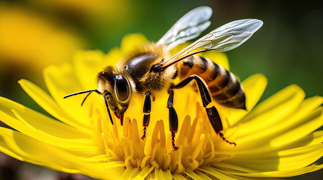 macro close up photo of a honey bee collecting pollen from a yellow flower nectar created with Generative AI Technology 