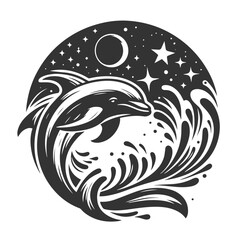 Naklejka premium Dolphin logo with stars silhouette vector isolated on white background 