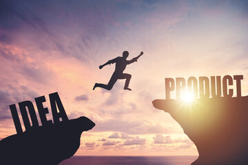 Silhouette of a man jumping from cliff to cliff, business and success concept