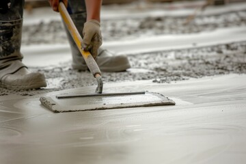worker smoothing wet concrete with trowel - obrazy, fototapety, plakaty