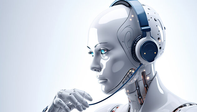 AI humanoid female white robot acting as a customer service phone call using a headset on a solid white background created with Generative AI Technology