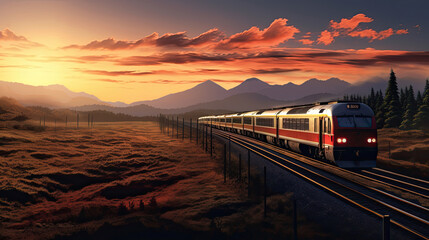 a long train drove from afar along the tracks rails with views of the vast grasslands around it