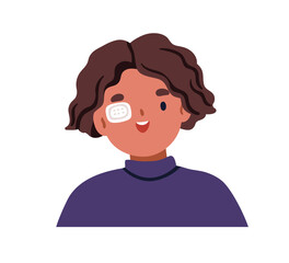 Happy kid wearing eye patch. Cute boy in medical cover, sight protection after injury, trauma, wound. Smiling child during eyesight recovery. Flat vector illustration isolated on white background