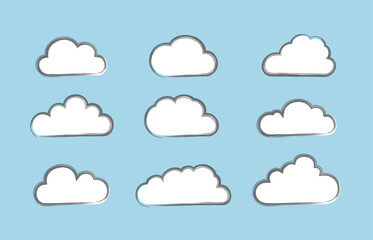 Clouds icon set on blue background. Stock illustration.