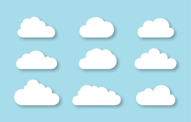 Clouds icon set on blue background. Stock illustration.