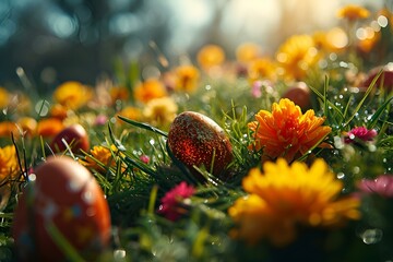 an easter egg filled meadow with colorful easter eggs
