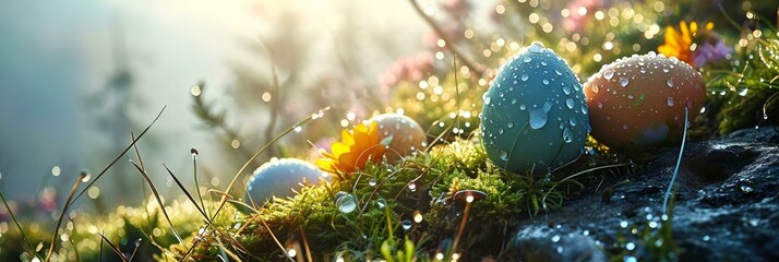 easter eggs are lying next to colorful flower and grasses
