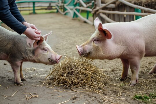 person giving fresh straw to pigs in an outdoor pen