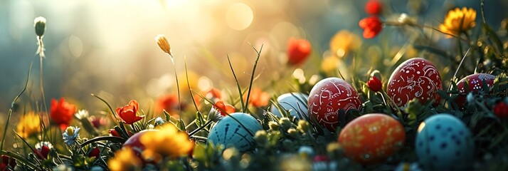 Decorated Easter eggs on the grass with flowers in the sunlight
