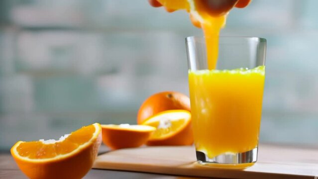 Hand pressing orange juice into a glass a