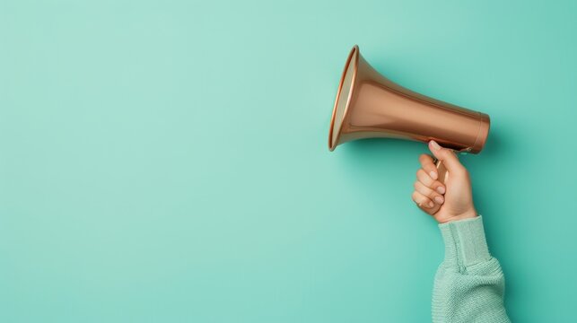 contrast between the detailed depiction of the hand and megaphone and the abstract background creates a dynamic