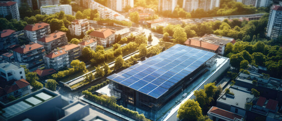 top view city buildings with many solar panels on top of the buildings as environmentally friendly renewable green energy