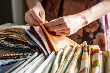 Hands carefully choosing from a stack of variously textured and patterned fabrics bathed in natural light.
