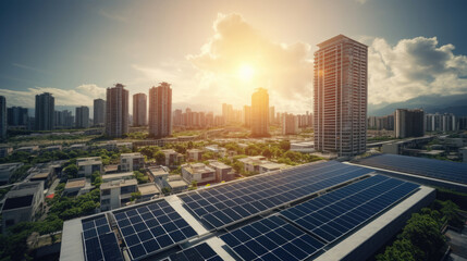 top view city buildings with many solar panels on top of the buildings as environmentally friendly renewable green energy created with Generative AI Technology 